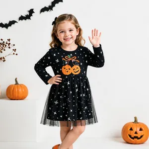 Kids long sleeve mesh dress autumn new cute pumpkin embroidery party casual apparel