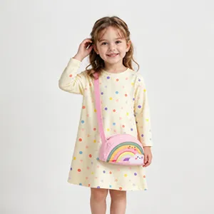 Girls long sleeve polka dot dress with cute rainbow crossbody bag, soft 100% cotton casual wear.