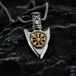 Vintage mannen roestvrij staal viking speerpunt hanger ketting met kompassymbool.