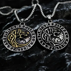 Vintage Edelstahl Herren Anhänger Halskette Wikinger Wolfskopf Kompass Rune Amulett Medaillon Retro Punk Gotisch Biker Talisman Kette Schmuck