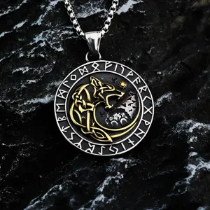 Retro Edelstahl Wikinger Wolf Halskette Anhänger mit Runen Gravur für Herren Schmuck.