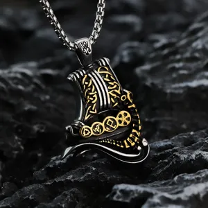 Collar con colgante de drakkar vikingo de acero inoxidable retro con runas para hombres.