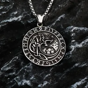 Vintage Edelstahl Wikinger Wolf Anhänger Halskette mit nordischen Runen für Herren Schmuck.