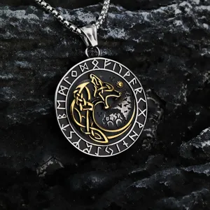 Antiker edelstahl herren wikinger wolf anhänger halskette mit runen kreis amulett stil design.