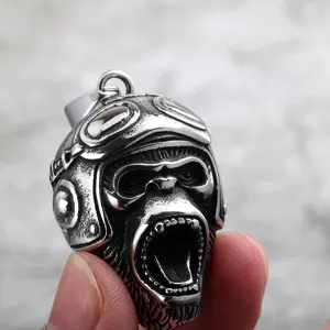 Stainless Steel Gorilla Pilot Pendant Necklace Retro Punk Style Men Women Jewelry Detail