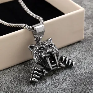 Retro stainless steel sabertooth tiger pendant necklace for men and women punk jewelry