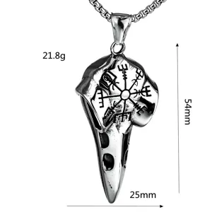 Pendentif collier corbeau crâne viking en acier inoxydable vintage avec boussole 54mm