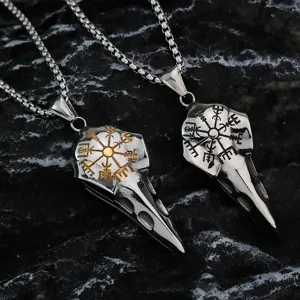 Collier Pendentif Boussole Crâne De Corbeau Viking En Acier Au Titane Vintage Rétro Rune Nordique Punk Gothique Bijoux Cadeau Homme