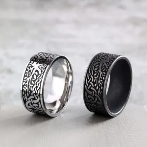 Vintage Stainless Steel Tree of Life Ring For Men Women Celtic Knot Embossed Texture Retro Punk Wide Band Ring Jewelry