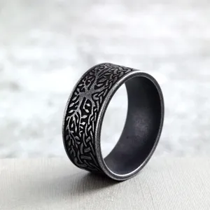 Retro stainless steel tree of life ring, detailed vintage carved wide band ring design.