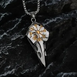 Pendentif homme en acier inoxydable vintage corbeau viking boussole collier détail vue