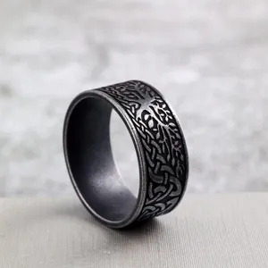 Close-up detail of the vintage stainless steel tree of life ring with antique silver finish.