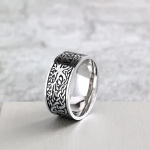 Stainless steel retro tree of life ring, detailed view showcasing vintage carved pattern.