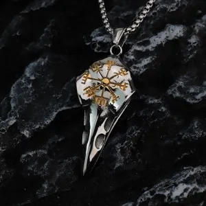 Pendentif homme en acier inoxydable rétro collier crâne de corbeau Viking avec amulette.