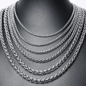 Stainless steel wheat chain necklace set, multi-layer thick titanium steel spiga chains detail.
