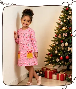 Adorable vestido de Navidad rosa de punto para niñas, manga larga y bolsillos de campana.