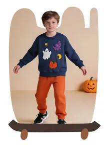 Παιδικό σετ φούτερ και παντελόνι Halloween για αγόρια με κέντημα φάντασμα και κολοκύθα.