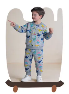 Completo da bambino felpa grigia con stampa dinosauro e pantaloni lunghi per autunno.