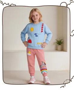 Girls cute embroidered sweatshirt and sweatpants set featuring unicorn and rainbow details.