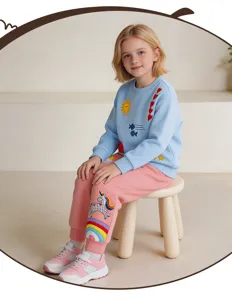 Kids girl long sleeve sweatshirt and sweatpants set with cute unicorn patch knit cotton outfit