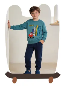 Jongens lange mouw sweatshirt en broek set met leuke stad gebouwen en grappige voertuigen print.