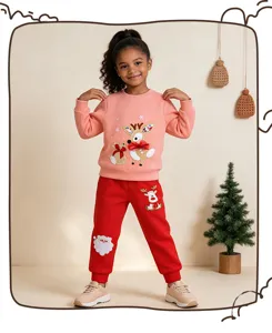 Girls Christmas sweatshirt and sweatpants set, cute cartoon reindeer and Santa appliques.