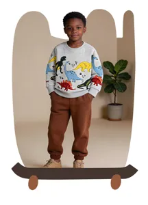 Kinderen dinosaurus print grijs sweatshirt en bruine broek casual outfit details.