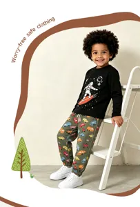 Boys cotton knit trousers and sweatshirt set with cute cartoon car and astronaut prints detail.