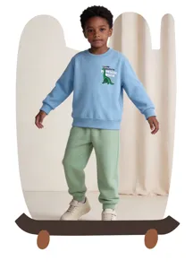 Detailed view of the kids long sleeve sweatshirt and pants set with dinosaur graphic.