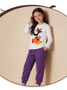 Girls Halloween long sleeve t-shirt and purple sweatpants set cute pumpkin cartoon graphic.