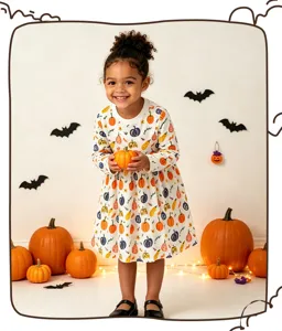 Gedetailleerd overzicht van kinder herfst jurk met schattige Halloween pompoen print.