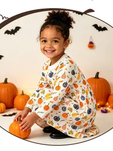 Leuke meisjes jurk met lange mouwen van katoen met feestelijke Halloween pompoen print.