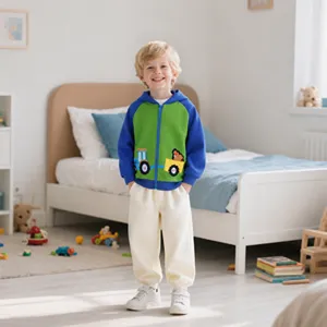 Children autumn hoodie and pants set, cute tractor cartoon patch, cozy daily wear.