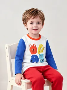 T-Shirt Enfant Style Euro-Américain Coton Manches Longues Imprimé Chien Dessin Animé Design Bloc de Couleur Col Rond Vêtements pour Garçons