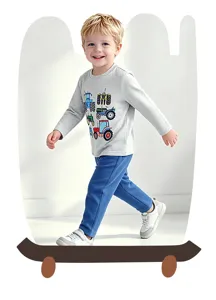 Boys long sleeve t-shirt and pants set with cute cartoon tractor print for autumn daily wear.