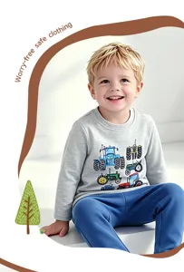 Kids long sleeve t-shirt autumn cartoon tractor print grey top with blue pants set