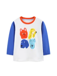 T-shirt manches longues pour enfants en coton avec imprimé chien et col contrasté.
