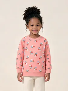 Felpa girocollo da bambina con stampa floreale carina, pullover manica lunga autunnale.