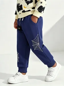 Kids Halloween casual sweatpants, dark blue cuffed trousers with spiderweb and spider prints for autumn.