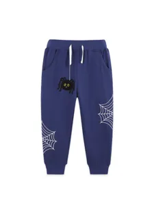 Boys casual sweatpants dark blue cuffed trousers with spider embroidery and webs for autumn wear.