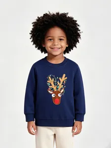 Kids navy blue crew neck sweatshirt featuring a cute embroidered Christmas reindeer graphic.