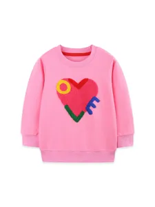 Felpa rosa per bambini con ricamo cuore soffice, morbido top in cotone girocollo per bambine.