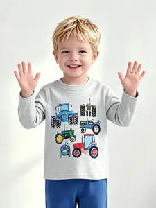 Boys grey long sleeve t-shirt with cute cartoon tractor print, toddler autumn casual top.