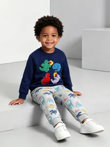 Set felpa e pantaloni con stampa dinosauro per ragazzi, grazioso abbigliamento autunnale bambini.