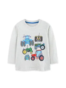 Kids long sleeve t-shirt featuring cute cartoon tractor print in grey, comfortable.