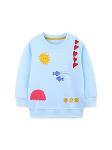Sweat-shirt col rond bleu clair pour enfants avec jolis motifs brodés de cœurs et soleil