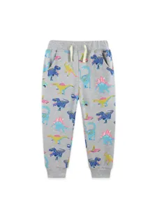 Pantaloni della tuta grigi per bambini vista principale con stampa di dinosauri.