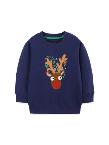 Kids navy blue crewneck sweatshirt featuring cute Christmas reindeer embroidery.