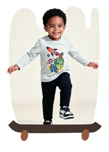 Set maglietta maniche lunghe e pantaloni bambino con stampa razzo spaziale per autunno