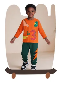 Boys autumn tracksuit set orange dinosaur sweatshirt green lightning joggers kids clothing